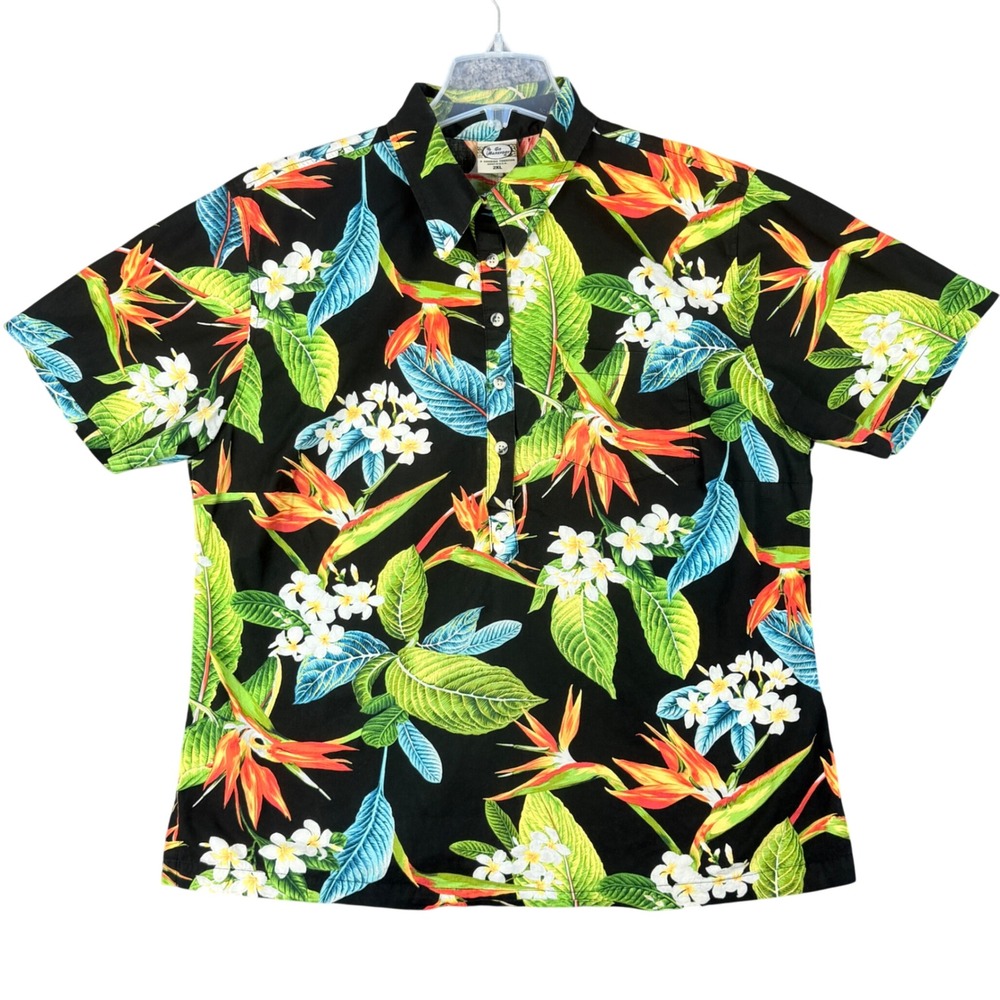 Go Barefoot Mens 2XL Hawaiian Shirt Black Bird of Paradise Cotton Aloha Pullover